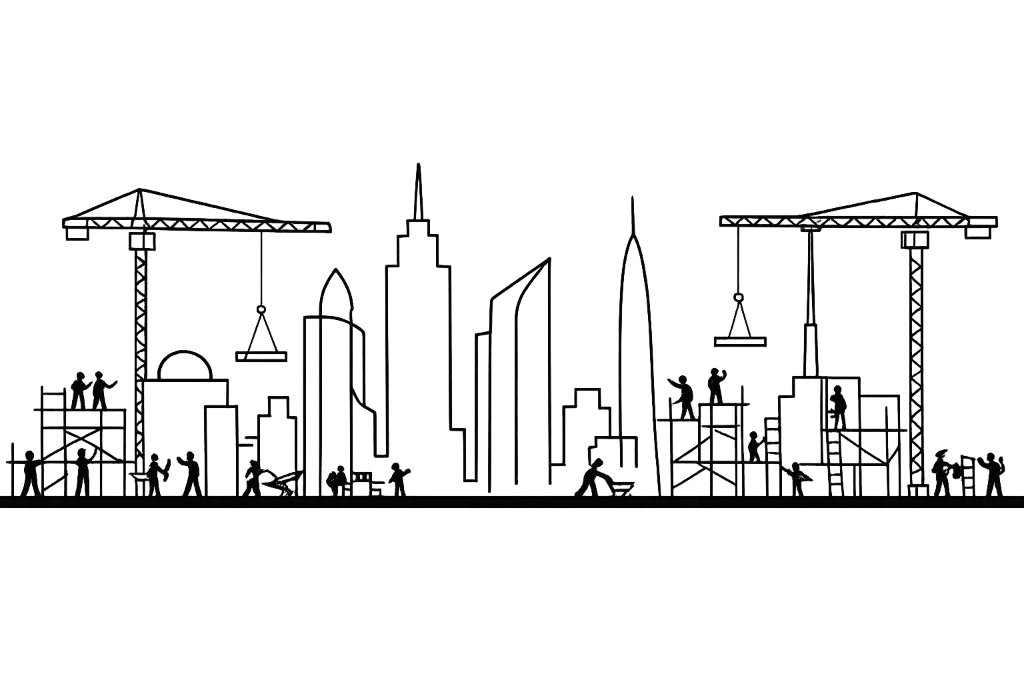 Baustellen-Skyline mit Kranen und Bauarbeitern